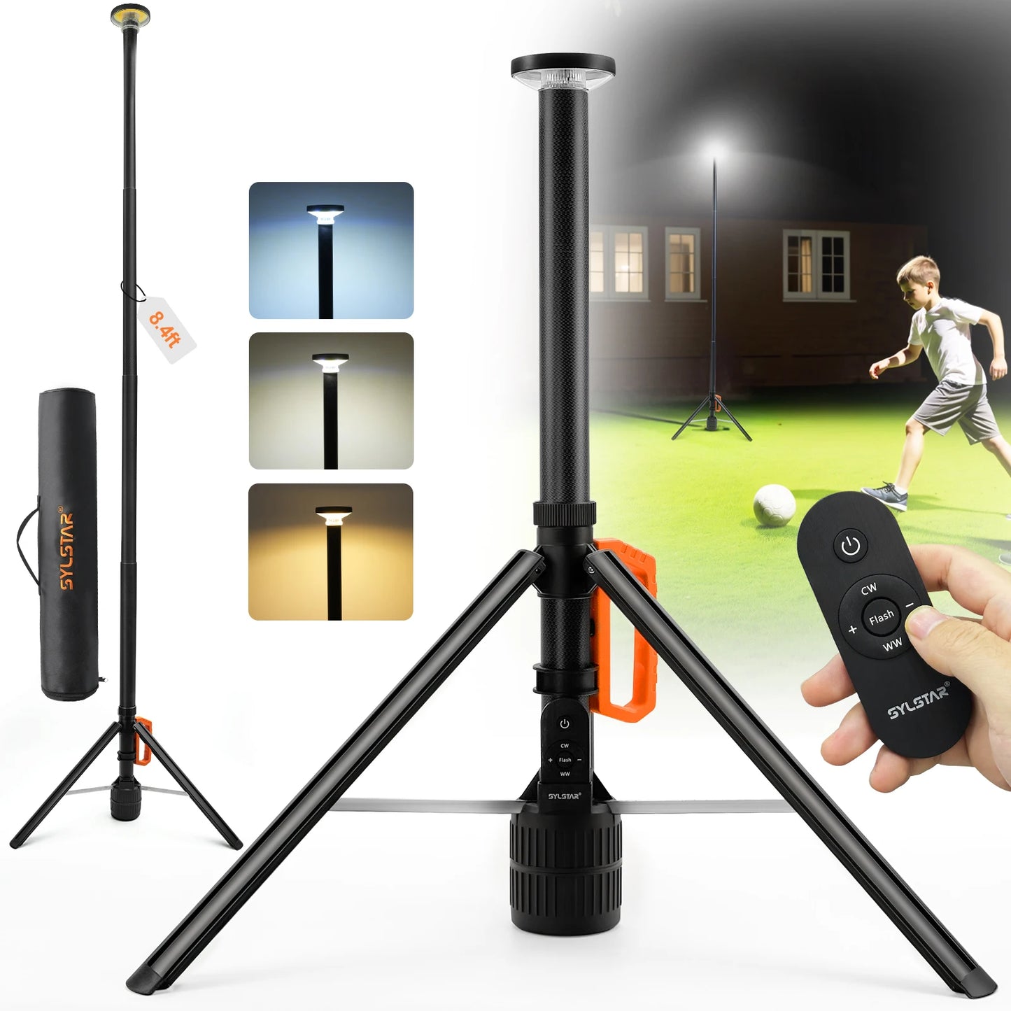 360° Rechargeable Work Light  Remote Control 8.4Ft Max Height 3000LM Ultra Bright 3CCT Dimmable Telescopic Camping Lights