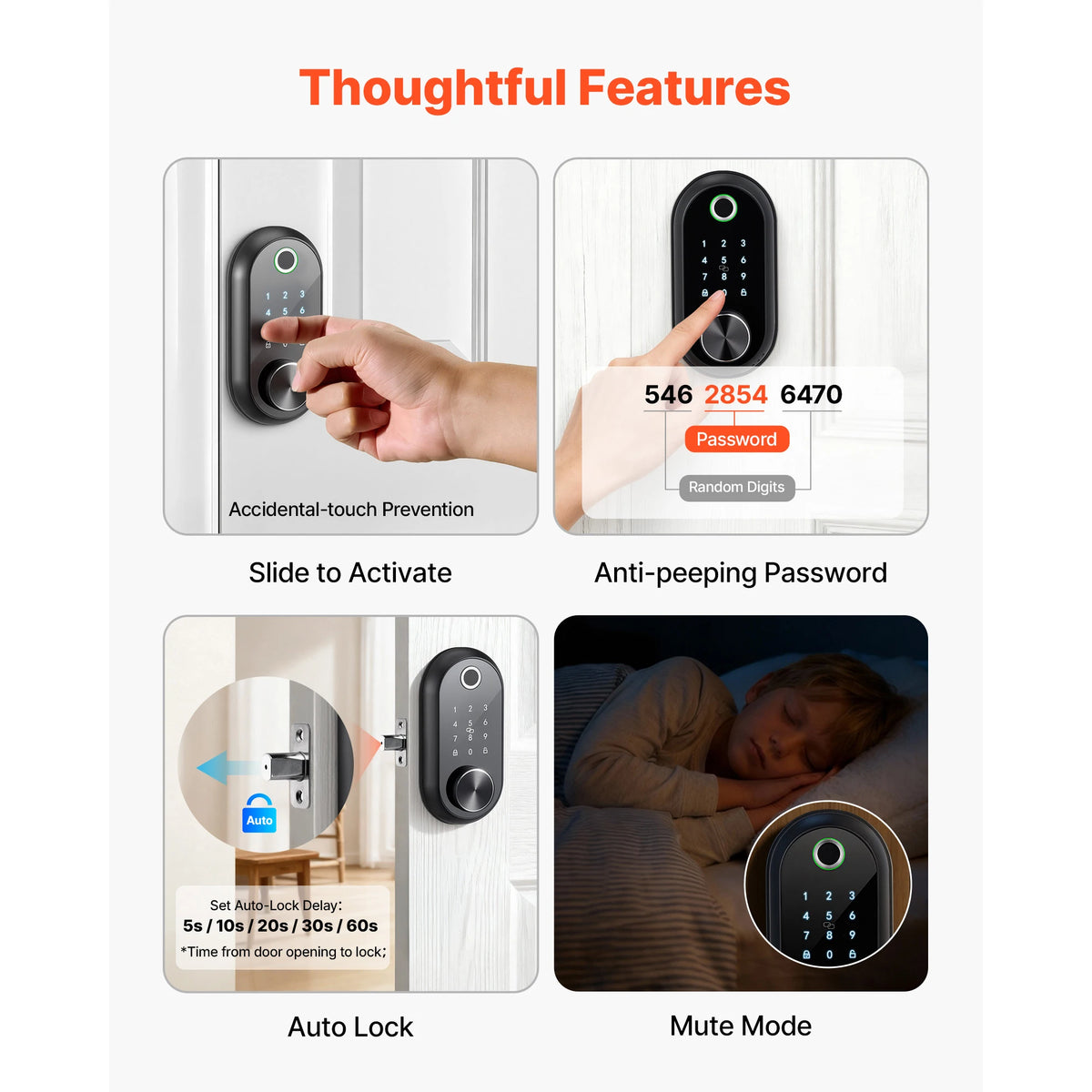 SucceBuy Fingerprint Door Lock Electronic Biometric Deadbolt with Touchscreen Auto Locking Anti-Peeking Password for Apartment